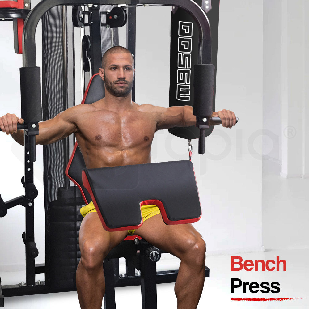 NNEMB Red Multi Station Home Gym Set with 125lbs Plates & Boxing Bag-M9500