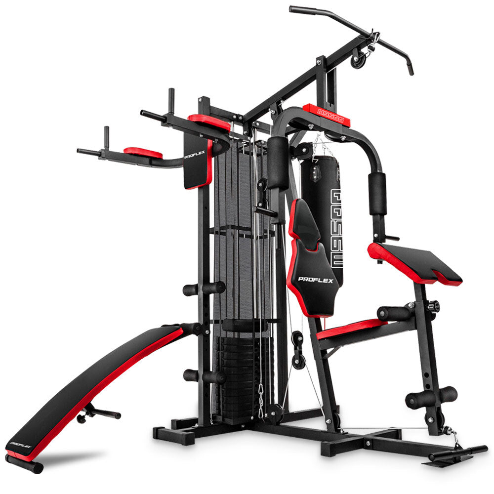 NNEMB Red Multi Station Home Gym Set with 125lbs Plates & Boxing Bag-M9500
