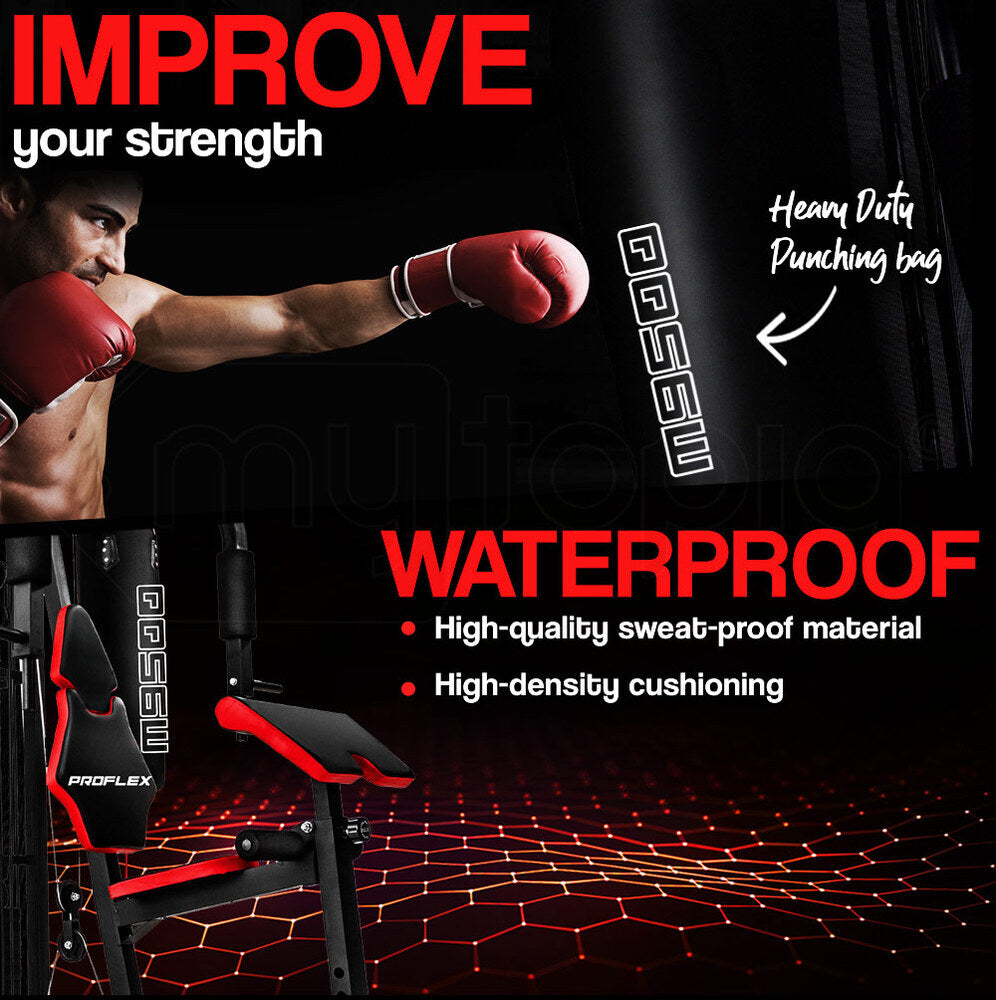 NNEMB Red Multi Station Home Gym Set with 148lbs Plates & Boxing Bag-M9500