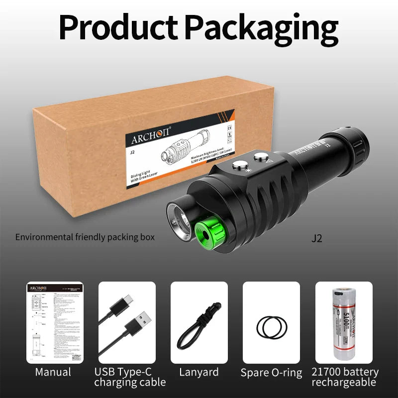 ARCHON J2 1000lm Spotlights green beam diving laser flashlight