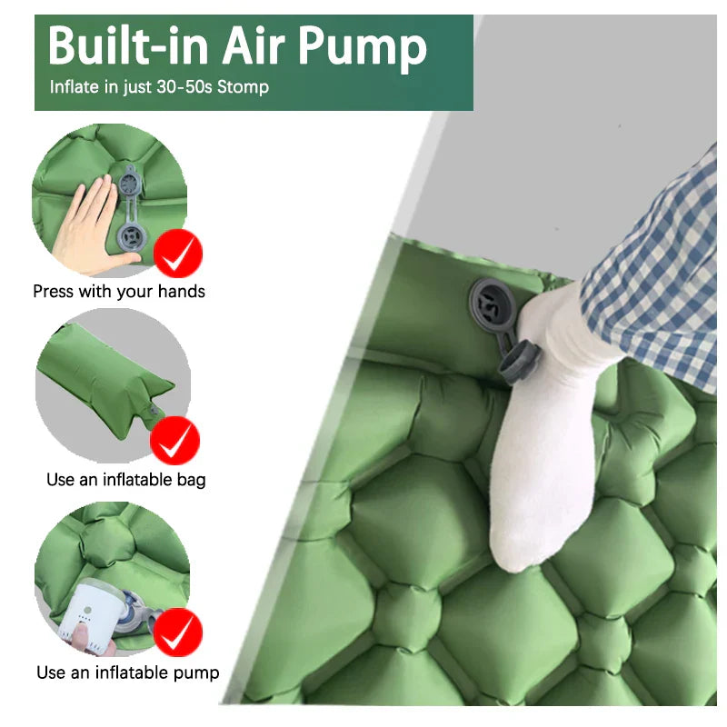 Inflatable Camping Mattress with Pillow  Built-In Pump Air Green
